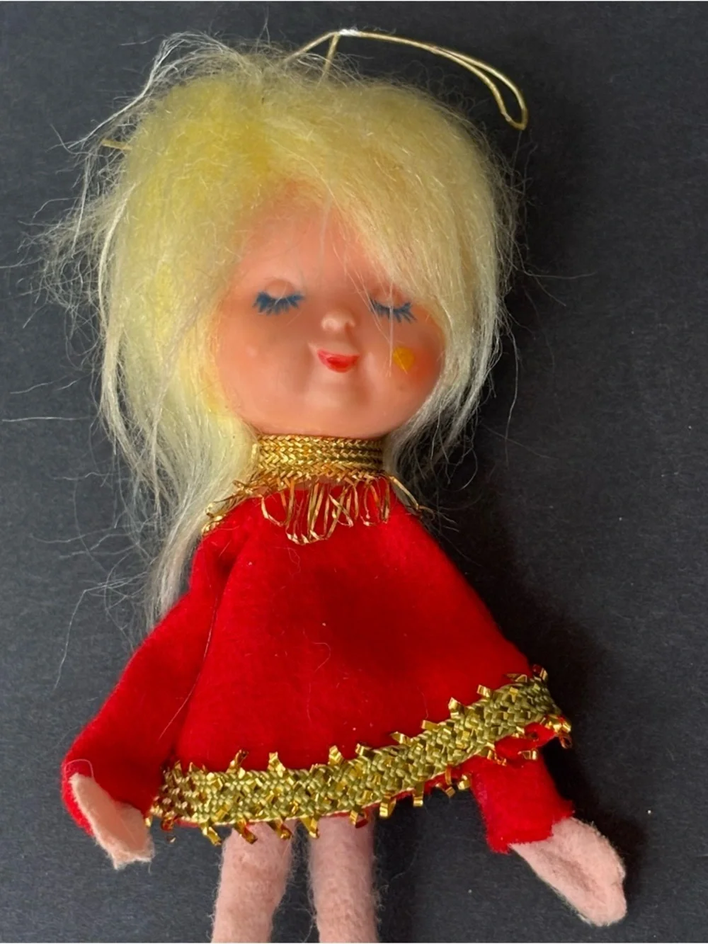 MCM Vtg Small Christmas Felt Dreaming Girl Tree Ornament 5” Made In Japan
